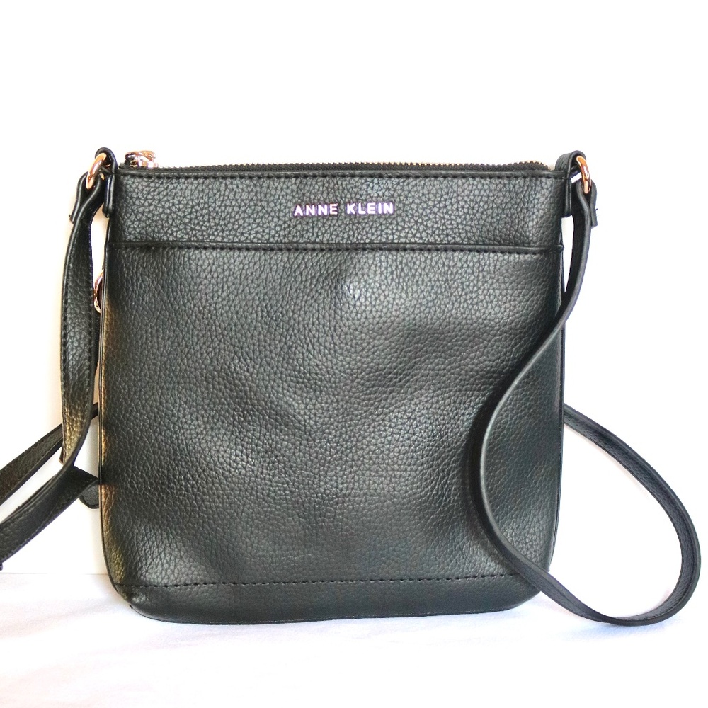 ANNE KLEIN Black Pebbled Faux Leather Crossbody Purse Bag Travel